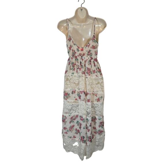 Nameless Tiered Rose Floral Lace Sheer Midi Dress Boho Summer Coverup Small - Picture 6 of 7